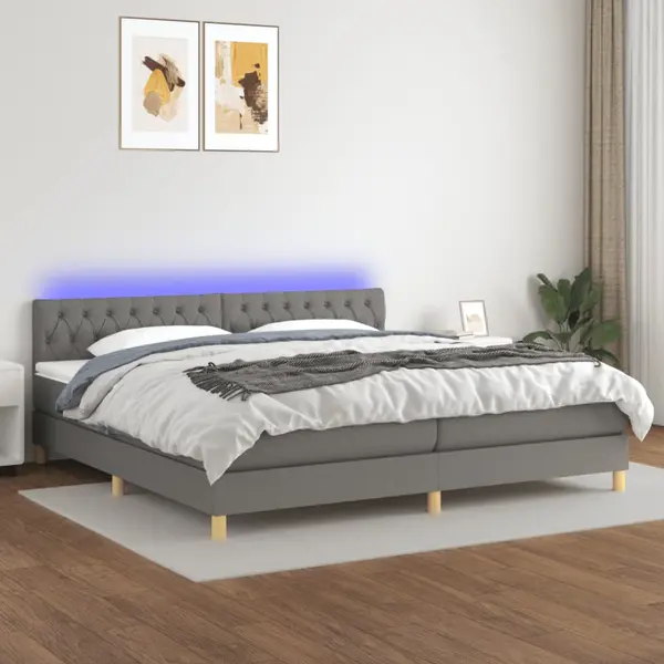 Gossi pat cu arcuri, saltea si led, gri inchis, 200x200 cm, textil