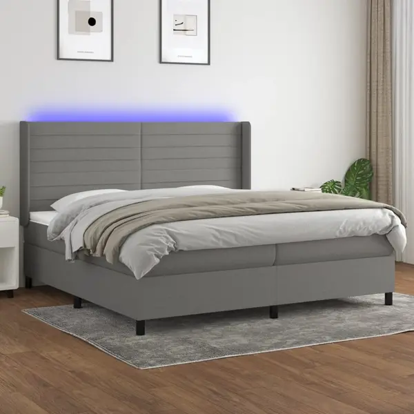Gossi pat cu arcuri, saltea si led, gri inchis, 200x200 cm, textil