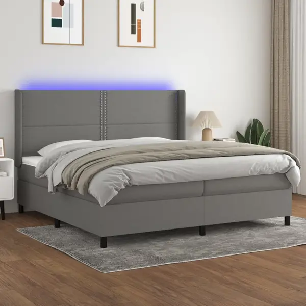 Gossi pat cu arcuri, saltea si led, gri inchis, 200x200 cm, textil