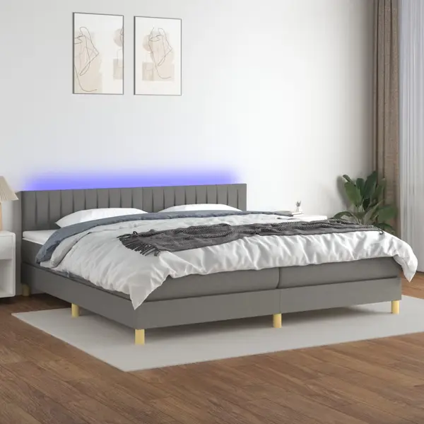 Gossi pat cu arcuri, saltea si led, gri inchis, 200x200 cm, textil