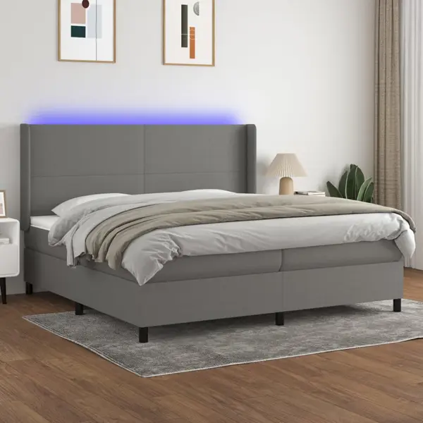 Gossi pat cu arcuri, saltea si led, gri inchis, 200x200 cm, textil