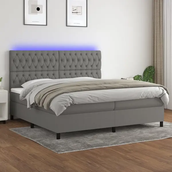 Gossi pat cu arcuri, saltea si led, gri inchis, 200x200 cm, textil