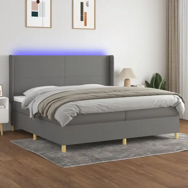 Gossi pat cu arcuri, saltea si led, gri inchis, 200x200 cm, textil