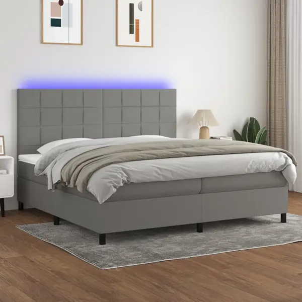 Gossi pat cu arcuri, saltea si led, gri inchis, 200x200 cm, textil