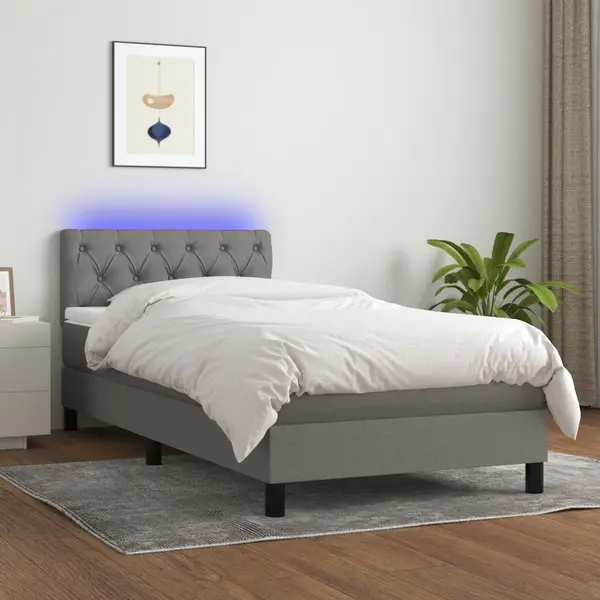 Gossi pat cu arcuri, saltea si led, gri inchis, 80x200 cm, textil