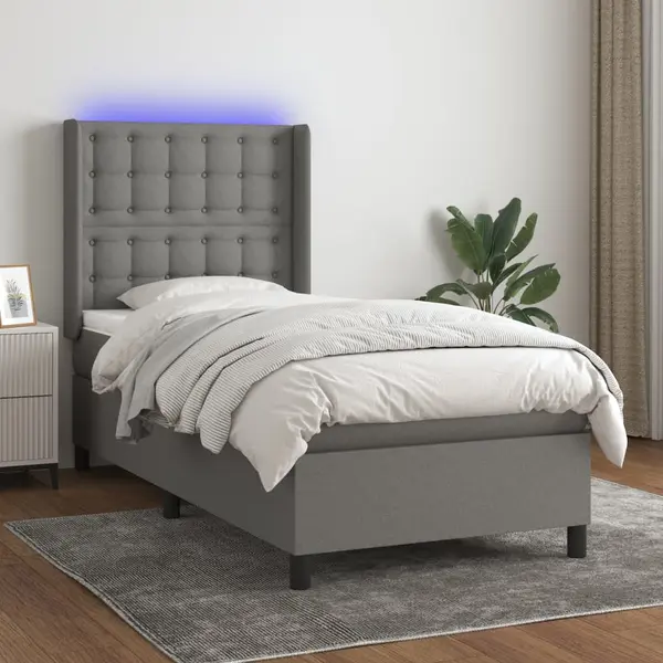 Gossi pat cu arcuri, saltea si led, gri inchis, 80x200 cm, textil