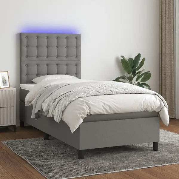 Gossi pat cu arcuri, saltea si led, gri inchis, 80x200 cm, textil