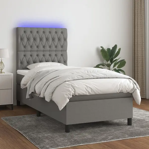 Gossi pat cu arcuri, saltea si led, gri inchis, 80x200 cm, textil