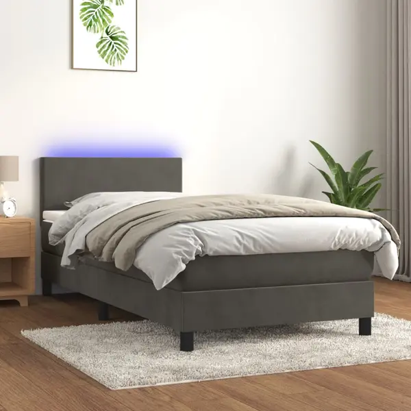 Gossi pat cu arcuri, saltea si led, gri inchis, 90x190 cm, catifea