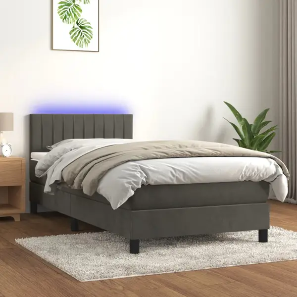 Gossi pat cu arcuri, saltea si led, gri inchis, 90x190 cm, catifea