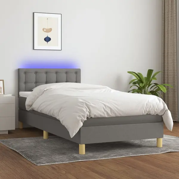 Gossi pat cu arcuri, saltea si led, gri inchis, 90x190 cm, textil