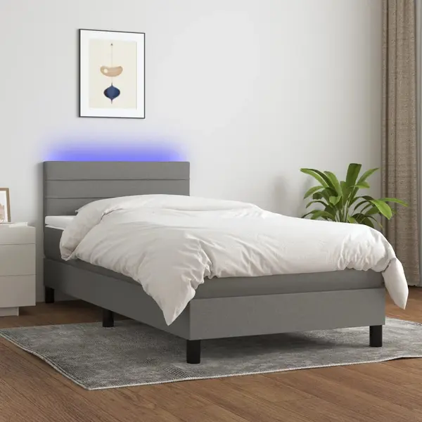 Gossi pat cu arcuri, saltea si led, gri inchis, 90x190 cm, textil