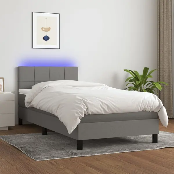 Gossi pat cu arcuri, saltea si led, gri inchis, 90x190 cm, textil