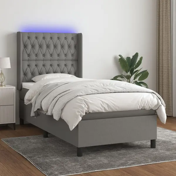Gossi pat cu arcuri, saltea si led, gri inchis, 90x190 cm, textil