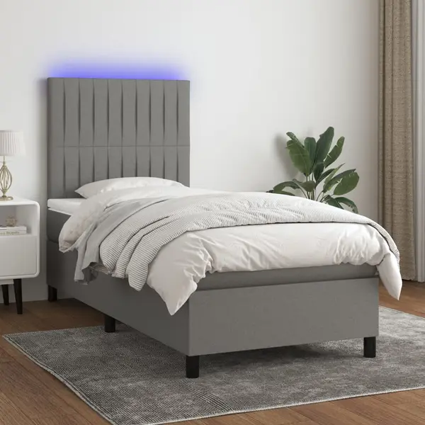 Gossi pat cu arcuri, saltea si led, gri inchis, 90x190 cm, textil
