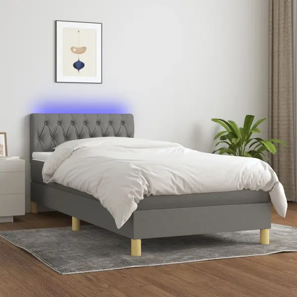 Gossi pat cu arcuri, saltea si led, gri inchis, 90x190 cm, textil