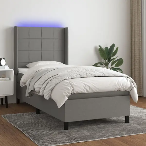 Gossi pat cu arcuri, saltea si led, gri inchis, 90x190 cm, textil