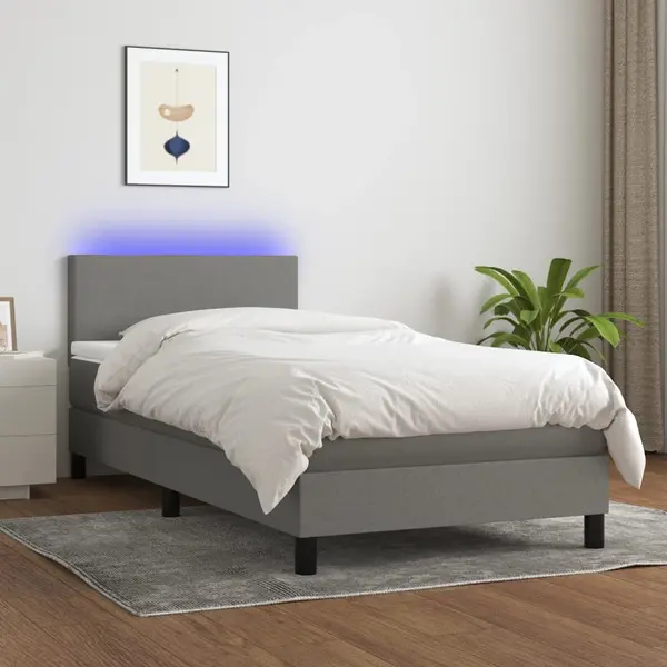 Gossi pat cu arcuri, saltea si led, gri inchis, 90x190 cm, textil