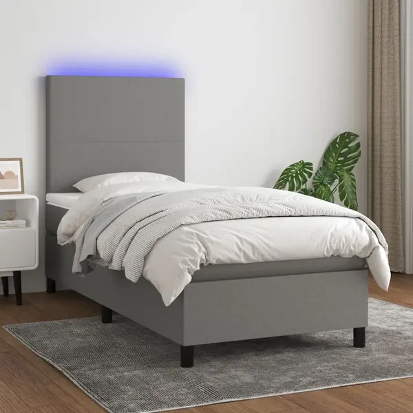Gossi pat cu arcuri, saltea si led, gri inchis, 90x190 cm, textil