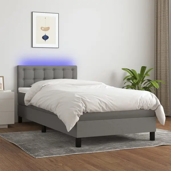 Gossi pat cu arcuri, saltea si led, gri inchis, 90x190 cm, textil
