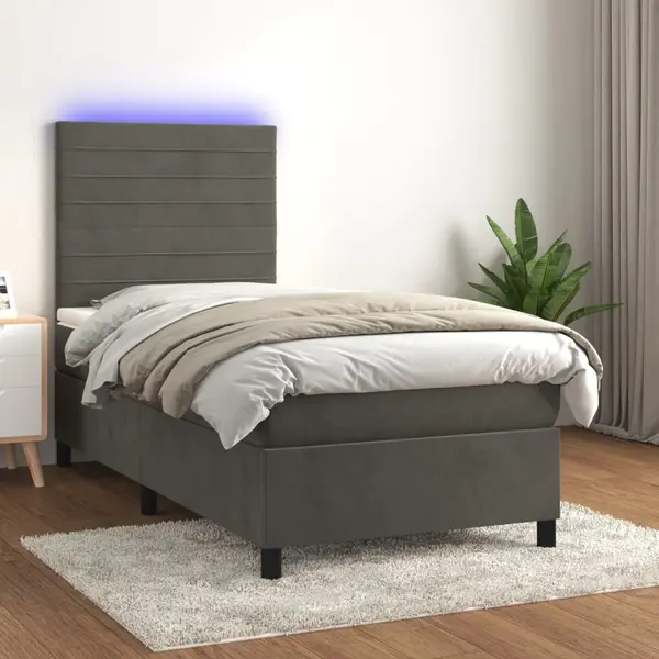 Gossi pat cu arcuri, saltea si led, gri inchis, 90x200 cm, catifea