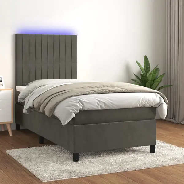 Gossi pat cu arcuri, saltea si led, gri inchis, 90x200 cm, catifea