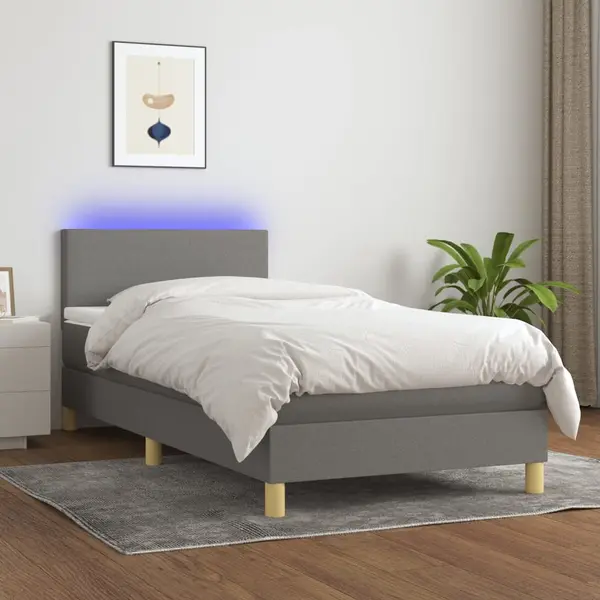 Gossi pat cu arcuri, saltea si led, gri inchis, 90x200 cm, textil