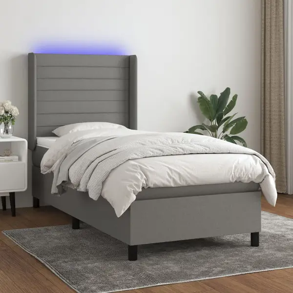 Gossi pat cu arcuri, saltea si led, gri inchis, 90x200 cm, textil