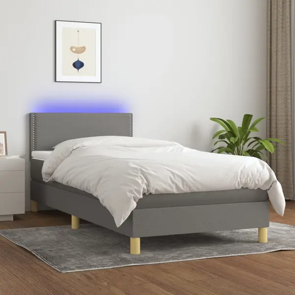 Gossi pat cu arcuri, saltea si led, gri inchis, 90x200 cm, textil