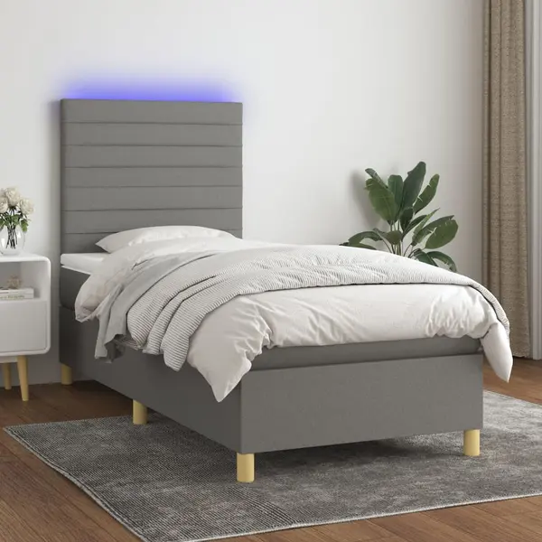 Gossi pat cu arcuri, saltea si led, gri inchis, 90x200 cm, textil