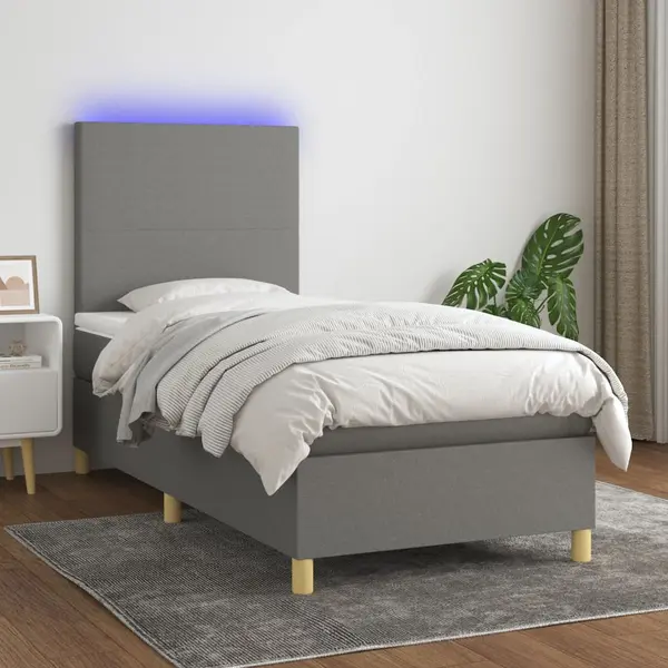 Gossi pat cu arcuri, saltea si led, gri inchis, 90x200 cm, textil