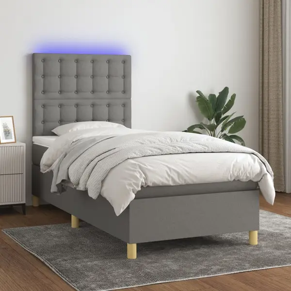 Gossi pat cu arcuri, saltea si led, gri inchis, 90x200 cm, textil
