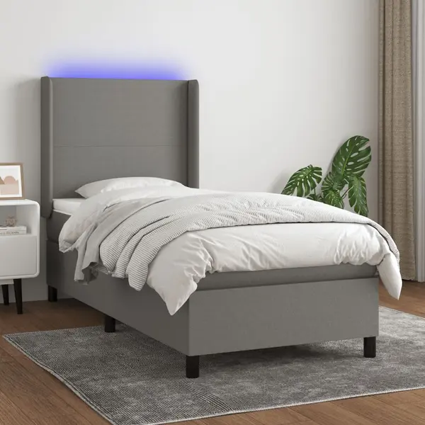 Gossi pat cu arcuri, saltea si led, gri inchis, 90x200 cm, textil