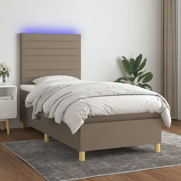 Gossi pat cu arcuri, saltea si led, gri taupe, 100x200 cm, textil