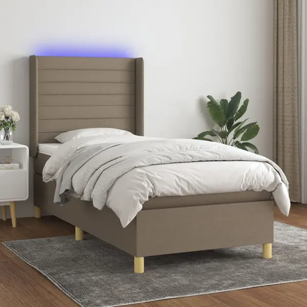 Gossi pat cu arcuri, saltea si led, gri taupe, 100x200 cm, textil