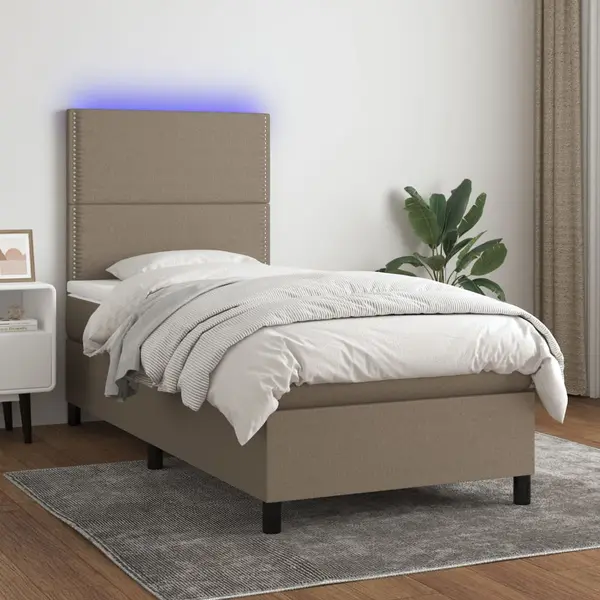 Gossi pat cu arcuri, saltea si led, gri taupe, 100x200 cm, textil