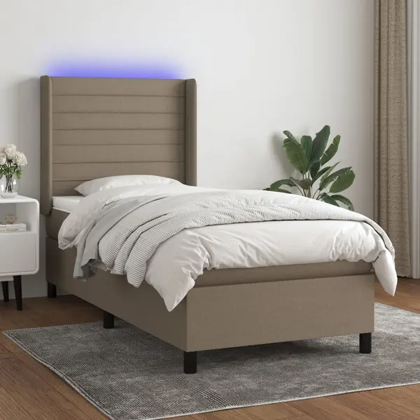 Gossi pat cu arcuri, saltea si led, gri taupe, 100x200 cm, textil