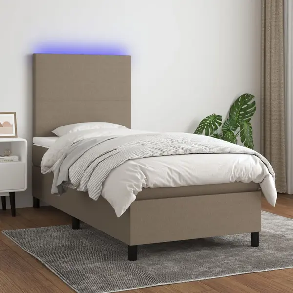 Gossi pat cu arcuri, saltea si led, gri taupe, 100x200 cm, textil