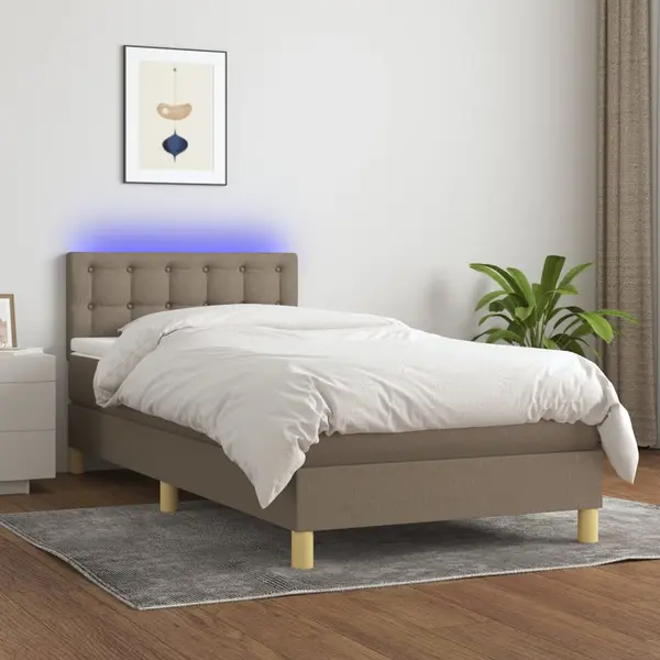 Gossi pat cu arcuri, saltea si led, gri taupe, 100x200 cm, textil