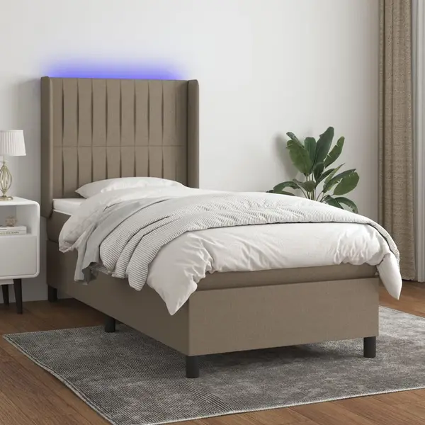Gossi pat cu arcuri, saltea si led, gri taupe, 100x200 cm, textil