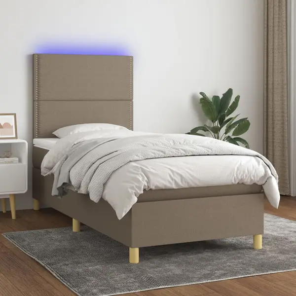 Gossi pat cu arcuri, saltea si led, gri taupe, 100x200 cm, textil