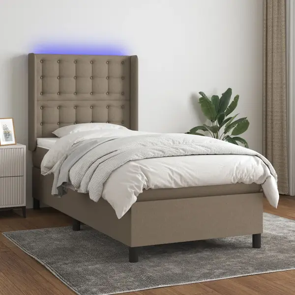 Gossi pat cu arcuri, saltea si led, gri taupe, 100x200 cm, textil