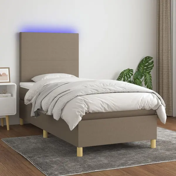 Gossi pat cu arcuri, saltea si led, gri taupe, 100x200 cm, textil
