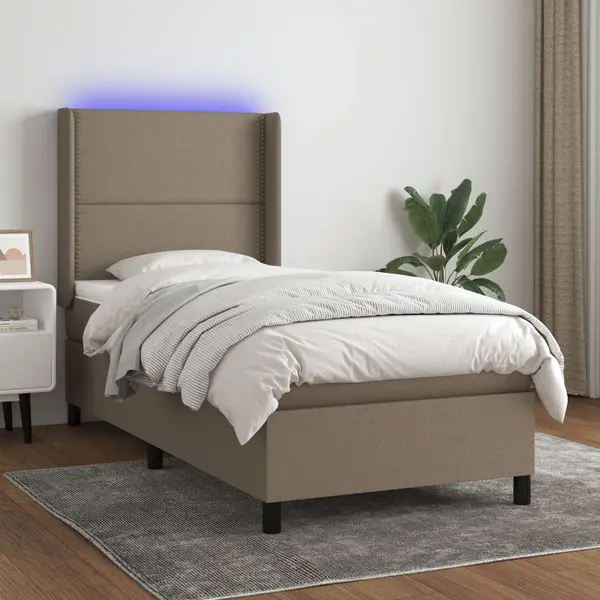 Gossi pat cu arcuri, saltea si led, gri taupe, 100x200 cm, textil