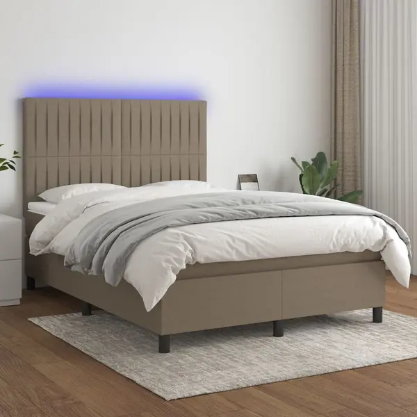 Gossi pat cu arcuri, saltea si led, gri taupe, 140x190 cm, textil
