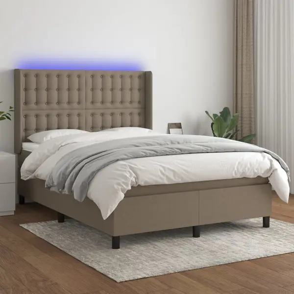 Gossi pat cu arcuri, saltea si led, gri taupe, 140x200 cm, textil