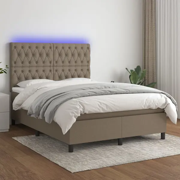 Gossi pat cu arcuri, saltea si led, gri taupe, 140x200 cm, textil
