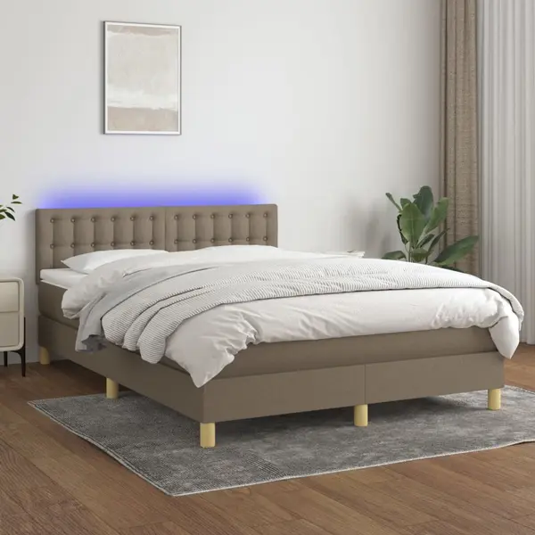 Gossi pat cu arcuri, saltea si led, gri taupe, 140x200 cm, textil