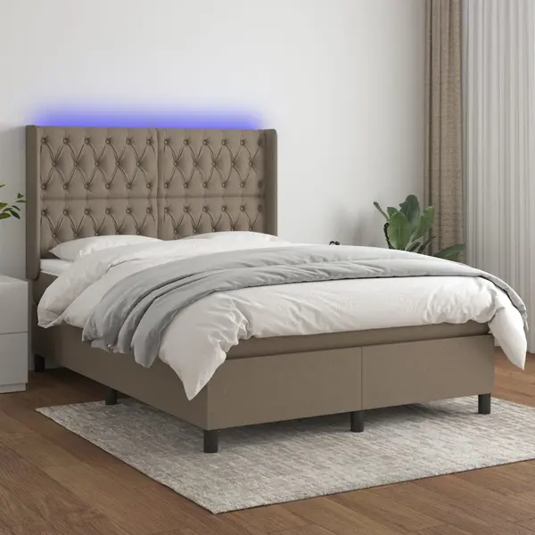 Gossi pat cu arcuri, saltea si led, gri taupe, 140x200 cm, textil