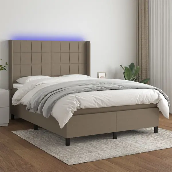 Gossi pat cu arcuri, saltea si led, gri taupe, 140x200 cm, textil